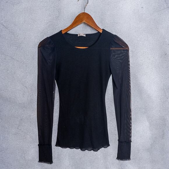 Free People Intimately Turn It Up Black Sheer Smocked Long Sleeve Blouse XS - Picture 3 of 8